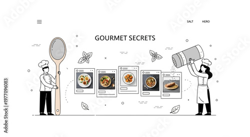 Chef cook gourmet secret recipe digital menu online platform kitchen blog food app web design concept