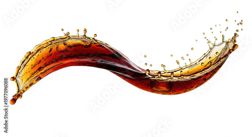 A dynamic splash of deep amber-brown cola with glossy droplets frozen mid-air on a brilliant white background. Concept for beverage advertising