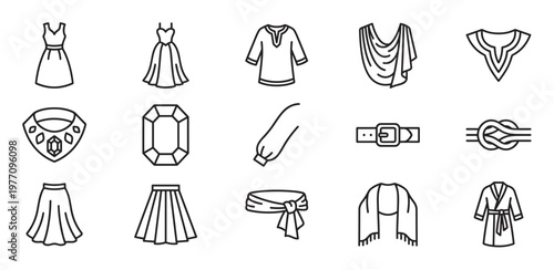 Various black outline icons depicting different clothing items, accessories, and jewelry, presented in a clean, minimalist style