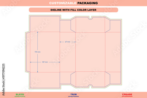 Customizable tuck end box packaging dieline template with bleed, trim, and crease lines, featuring labeled dimensions in millimeters