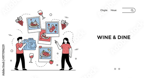 Food blog photo man girl eat drink wine meat grape dish art web set go