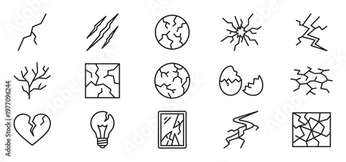 Collection of various crack line icons representing damage, destruction, and breakage in a clean, minimalist style