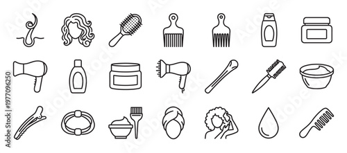 Comprehensive collection of hair care and styling tools, products, and accessories depicted as simple black outline icons