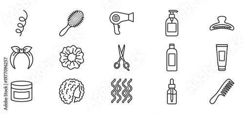 Comprehensive collection of hair care and styling tools, products, and different hair types depicted as simple black outline icons