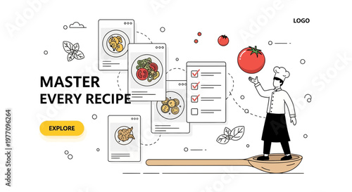 A chef uses an app for food recipe on web page UI UX design kit
