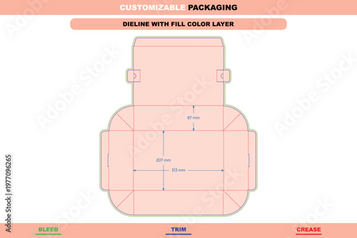 Dieline template for flip box with side mortise locks, featuring bleed, trim, and crease lines with dimension annotations in millimeters