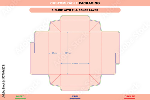 Dieline template for rectangular flip box with dimensions, featuring bleed, trim, and crease lines on a light pink background