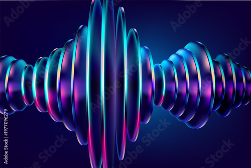 3D glass circle and ovals. Transparent iridescent geometric shapes on dark background. Abstract vector elements for poster and presentation design.