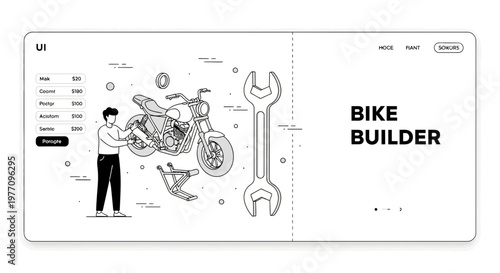 UI for bike build app show man fix motor with tool part and price list