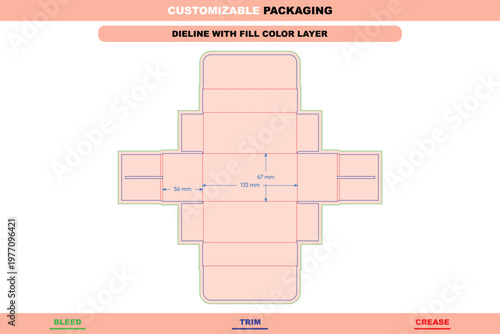Flat dieline template for rectangular folding box with bleed, trim, and crease lines, featuring 133mm by 67mm dimensions and pale pink fill