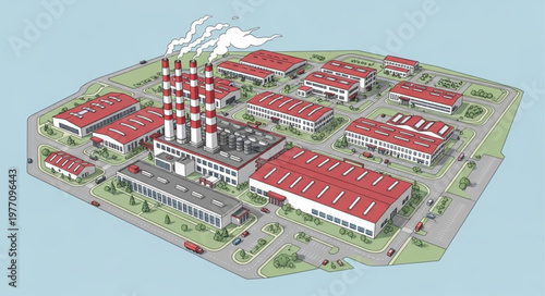 Industrial power plant complex with multiple buildings and smokestacks.