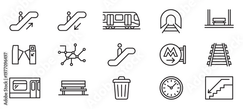 Collection of metro and subway line icons, including escalators, trains, tunnels, and station elements, presented in a clean, modern outline style