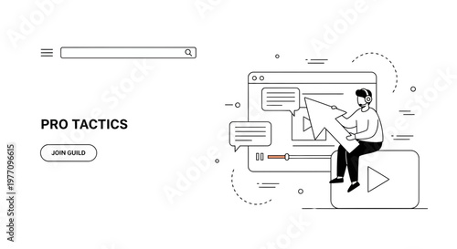 Pro game guide video site ui for a gamer on a play icon with pro tactic