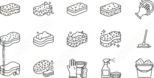 Set of Cleaning and Sponge Icons Including Sponges, Gloves, Mops, and Cleaning Tools for Household and Hygiene Design Projects