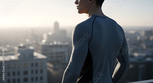 Man Standing on Rooftop Overlooking Cityscape at Sunrise.