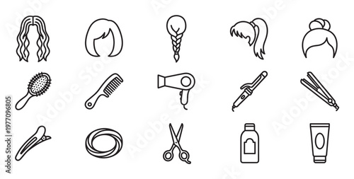 Collection of various simple black outline hair styling tools and different hairstyles, presented as clean icons