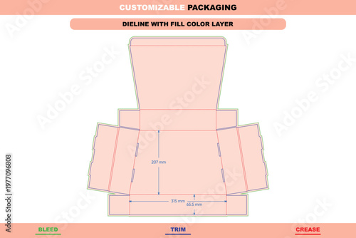Flip box dieline template with dimensions, featuring color-coded bleed, trim, and crease lines for packaging manufacturing and product display