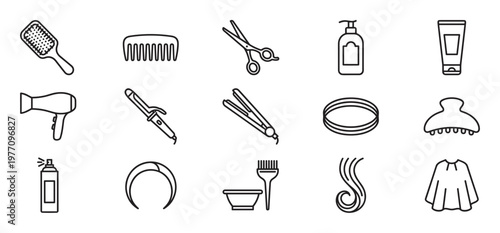 Comprehensive collection of fifteen black outline icons representing various hair care and styling tools and products