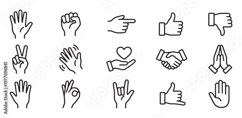 Various outlined hand gestures are displayed in a grid, showing different human communication signs and symbols in a clean, minimalist style