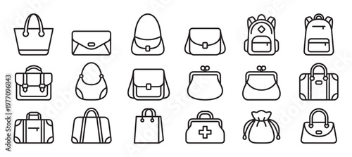 Collection of various outline style bag icons including handbags, backpacks, briefcases, and purses, presented as a clean vector graphic