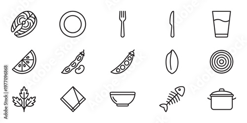 Collection of fifteen simple line art icons representing various food items and kitchenware on a clean white surface