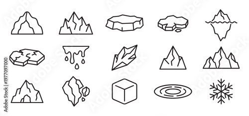 Various black outline icons depicting ice, snow, and cold weather elements in a simple, clean graphic style