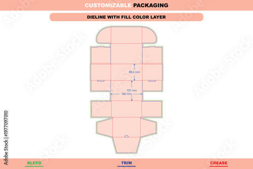 Flip box dieline template with dimensions, featuring green bleed lines, blue trim lines, and red crease lines on a light pink background