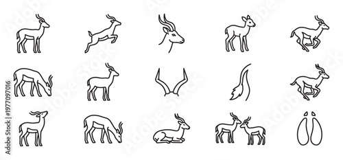 Various black outline gazelle icons depicting different poses, a fawn, horns, a tail, and hoof prints in a clean, illustrative style