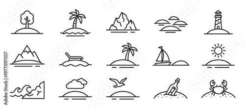 Collection of fifteen simple black outline travel and vacation icons, featuring islands, mountains, and sea elements