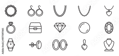 Various jewelry and gemstone icons are neatly arranged in a grid, featuring rings, necklaces, earrings, and watches