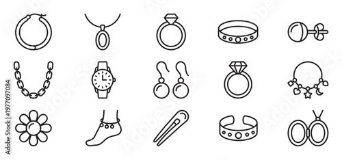 Various jewelry and accessory line icons are neatly arranged, showcasing different styles and designs in a clean, illustrative manner