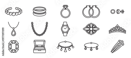 Various black outline jewelry icons including necklaces, rings, earrings, bracelets, and a watch, presented with a clean, modern aesthetic