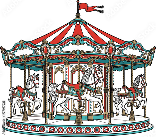 Vintage carousel merry go round with decorated horses amusement park attraction detailed vector illustration for carnival and fair theme design