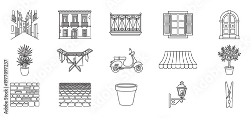 Collection of simple line art icons depicting various elements of Italian street life and architecture
