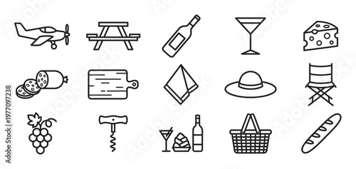 Collection of black and white line art icons representing various picnic and outdoor leisure items