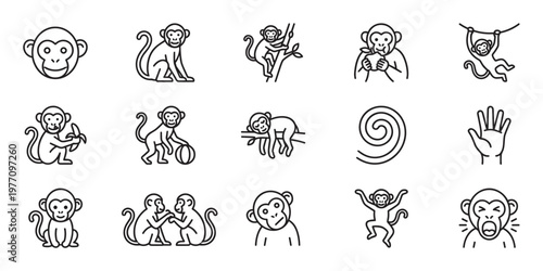 Collection of various monkey line art icons showing different poses, actions, and expressions in a clean, minimalist style
