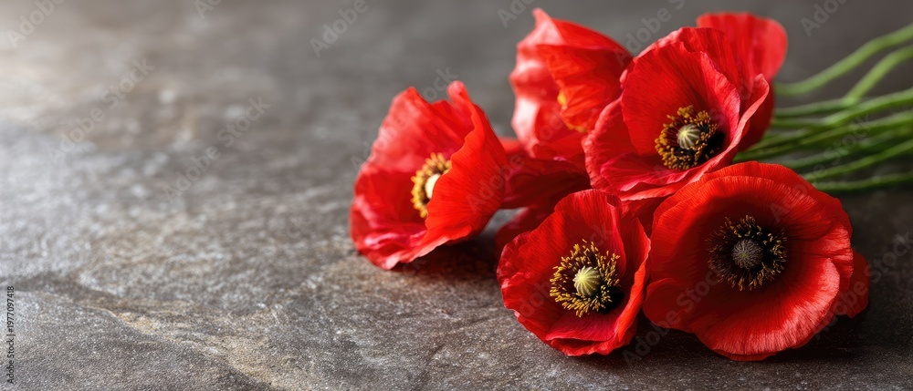 Naklejka premium Rememberance day background with red poppy flowers on dark stone texture, suitable for text and messages