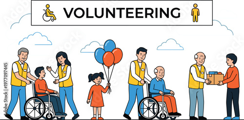 Volunteering community service scenes helping elderly and disabled people charity support flat vector illustration for social care awareness
