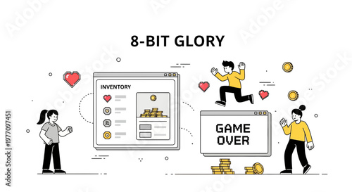 Retro 8 bit game ui player jump inventory coin heart over screen flat vector art illustration design concept