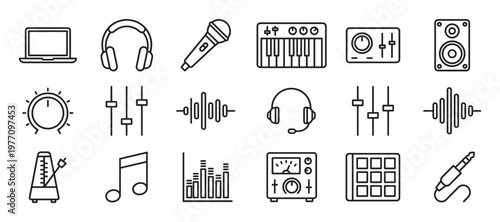 Comprehensive collection of black outline icons representing various music production and audio equipment elements, presented in a clean, minimalist style