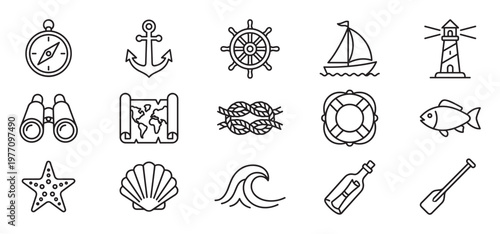 Collection of fifteen nautical and marine themed outline icons, including a compass, anchor, and sailboat, rendered in a clean, minimalist style