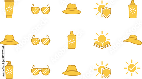 Colorful vector illustration of sun protection icons symbolizing safety, leisure, and summer