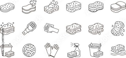 Set of Cleaning Icons Featuring Sponges, Gloves, Mops, and Cleaning Tools for Household, Hygiene, and Home Care Projects