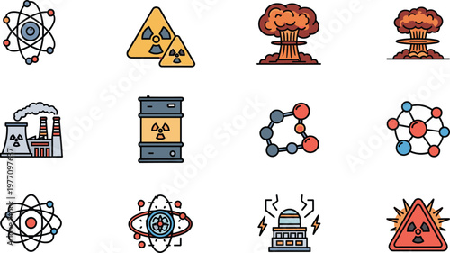 Set of Nuclear and Atomic Icons Including Radiation, Nuclear Power, and Explosion Symbols for Science and Technology Projects