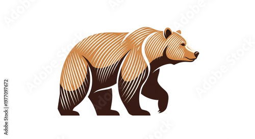 A modern, stylized graphic illustration of a brown grizzly bear walking. The design features elegant parallel lines creating texture and shading in earthy tones of brown and tan. 