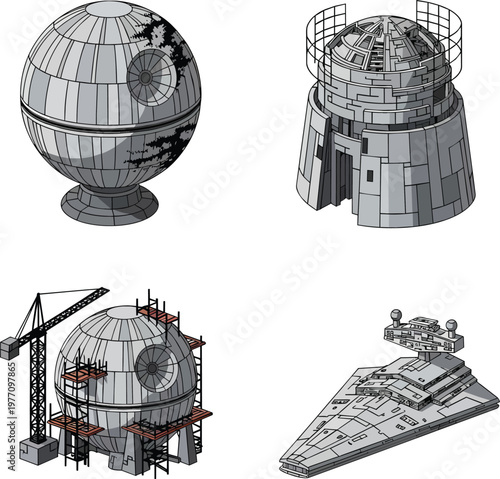 Isometric Sci-Fi Space Station and Starship Construction Vector Icons