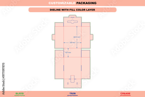 Flip box dieline template with dimensions, featuring green bleed, blue trim, and red crease lines on a light pink background, for packaging