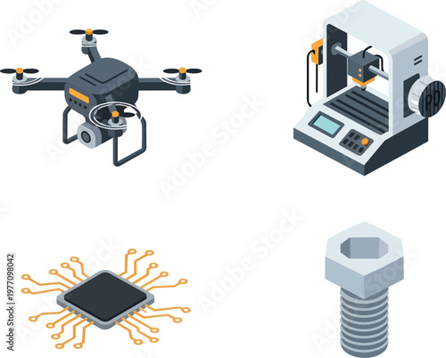 Isometric Technology and Engineering Icons Set with Drone and 3D Printer