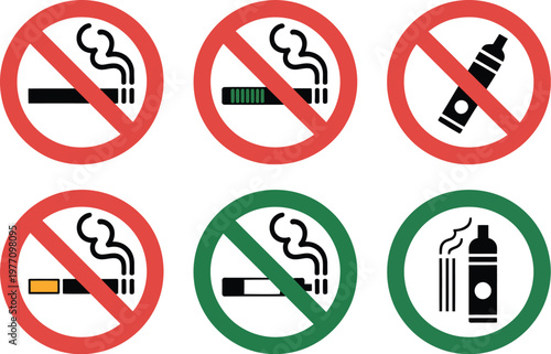 No smoking and vaping icon set, vector symbols for smoking, e-cigarette, vape, prohibition, and allowed signs suitable for hospital safety and public health design.