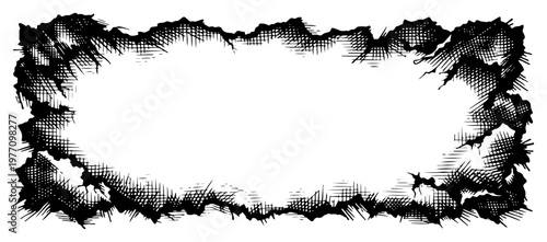 Rectangular frame with ragged torn edges and dark shading in textured sketch style